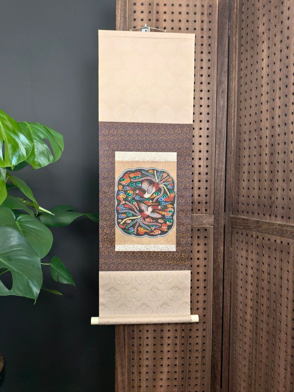 Vintage Asian Hanging Scroll — Painted Phoenix / Crane Medallion Wall Art